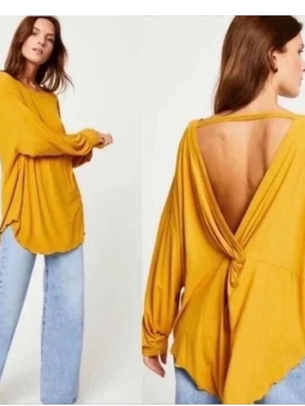 Free People Mustard Yellow Open-Back Twist Long Sleeve Top med